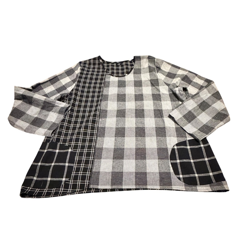 Tulip Women Large Black Grey Mixed‎ Plaid Cotton Tunic Top Long Sleeve Pockets